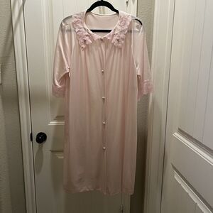 Vintage Lorraine Ice Pink Nylon Nightgown House coat Lace Trim Button Up Size L